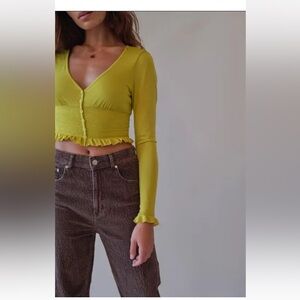 Urban Outfitters Women's Bayside Smocked Blouse in Chartreuse Size XS